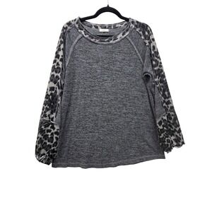 Easel L.A. Gray Leopard Raglan Sleeve Top Small Ruffle Cuff Balloon Sleeve